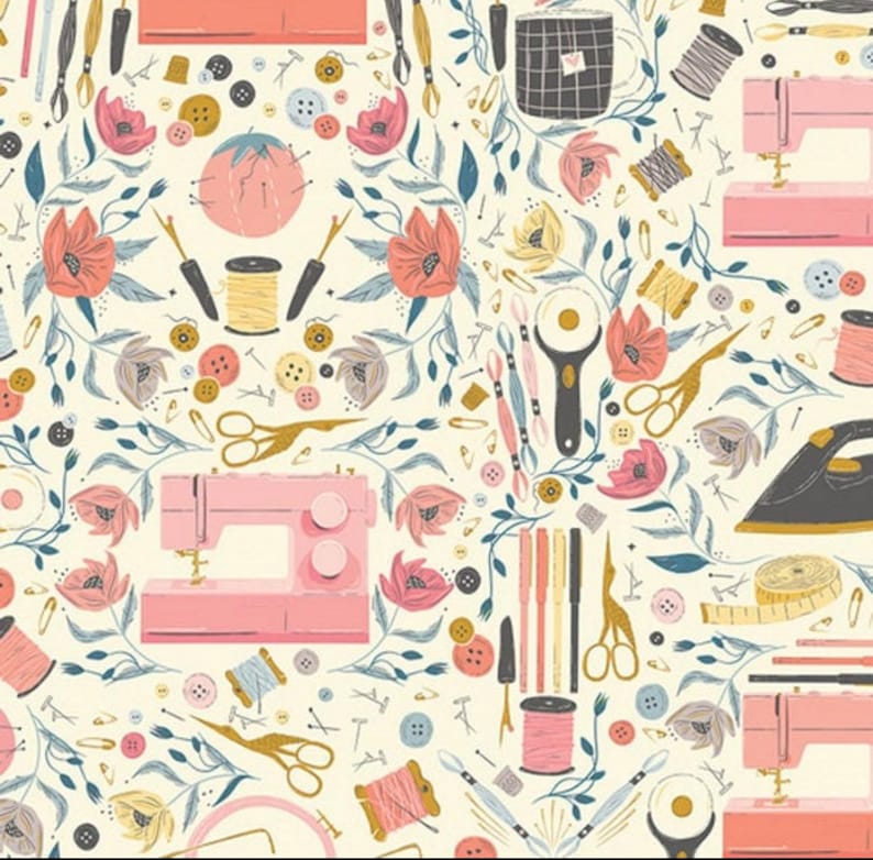 May include: A repeating pattern featuring sewing tools and floral elements. Pink sewing machines, scissors, spools of thread, buttons, and flowers are scattered across a cream-colored background. The design includes gold, blue, and gray accents.