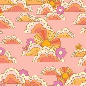 May include: A repeating pattern featuring stylized suns, clouds, and flowers in a retro style. The design uses a palette of peach, orange, yellow, and pink, with white outlines. The overall aesthetic is reminiscent of the 1970s.