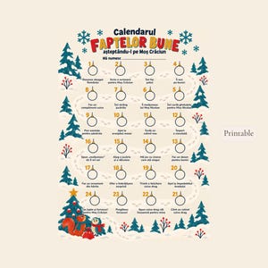 May include: A printable Christmas advent calendar titled Calendarul Faptelor Bune featuring a winding path with twenty-four numbered circles for daily tasks, decorated with blue snowflakes, green pine trees, red berries, and a squirrel and owl.