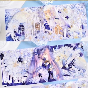 May include: Two decorative paper cutouts featuring anime-style characters in elaborate gowns and veils. The designs incorporate floral and celestial elements, with a colour palette of blues, purples, and whites. The cutouts have a 3D effect, with layered details and embellishments.