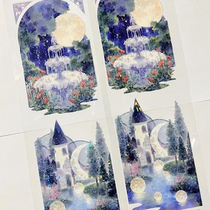 May include: Decorative stickers featuring whimsical illustrations of moonlit fountains, castles, and gardens. The stickers showcase a dreamy, fairytale aesthetic with soft blues, purples, and touches of glitter, perfect for scrapbooking or journaling.