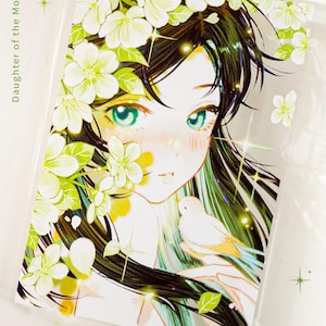 May include: An illustration of a woman with long black hair, adorned with white flowers, and green eyes. A small white bird rests on her hand. The artwork is titled "Daughter of the Mountain" and is set against a light background.