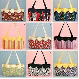 May include: A Simplicity sewing pattern for a tote bag. The pattern is for one size and includes nine different fabric designs. The designs include coffee cups, cats, hearts, stripes, seashells, paisley, and damask. The pattern is by Faith Van Zanten.