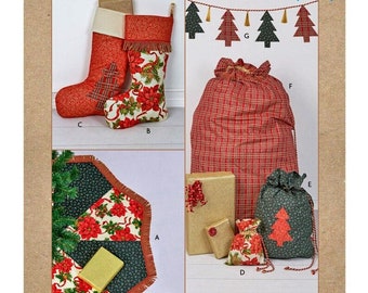 Kwik Sew Sewing Pattern K4347 Christmas Tree Skirt Drawstring Gift Bags Stocking Banner Garland Holiday Decorations Seasonal Decor Uncut FF