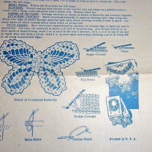 May include: A vintage paper with blue illustrations and text detailing crochet techniques. The image includes diagrams for single crochet, chain, slip stitch, treble crochet, satin stitch, and outline stitch. A detailed butterfly crochet pattern is also shown.