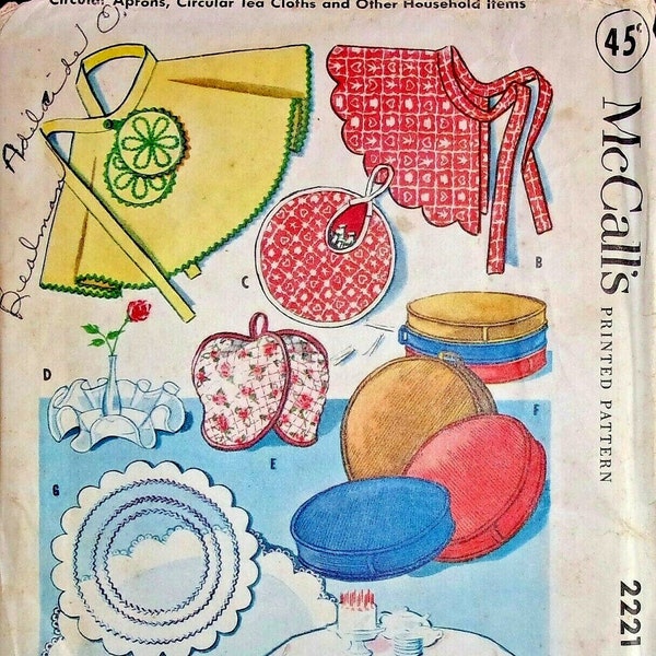 Vintage 1950's McCall's Sewing Pattern 2221 Apron Tea Cozy Doilies Table Cloth Clothespin Bag Pillow Cover Home Decor Bazaar Gifts Uncut FF