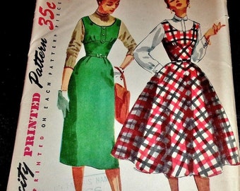 Vintage 1950's Simplicity Sewing Pattern 4808 Fit Flare Scoop Neck Jumper Dress Slim or Full Skirt Women's Misses Size Bust 32 Uncut FF