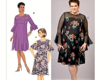 Butterick Sewing Pattern B6588 Fitted Party Dress Cold Shoulder Flounce Sleeves Women's Misses Plus Size 18W-24W Bust 40-46 C/D-DDD Uncut FF