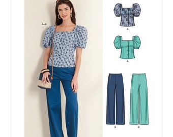 New Look Sewing Pattern N6678 Puff Sleeve Buttoned Square Neck Top Pants Misses Women's Coordinates Separates Size 6-18 Bust 30-40 Uncut FF