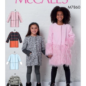 May include: McCall's pattern M7860 for a girls' coat. The pattern includes four different styles: a pink houndstooth coat, a plaid coat with an orange bottom, a gray leopard print coat, and a pink coat with a faux fur trim.