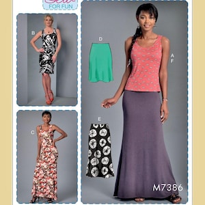 May include: McCall's sewing pattern for beginners, featuring a variety of skirt and dress designs. The image includes a woman wearing a long purple skirt and a coral top. The pattern includes easy-to-follow instructions.
