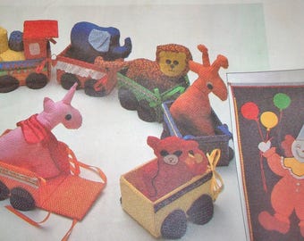 Vtg McCall's Sewing Pattern 8242 Circus Train Lion Elephant Giraffe Bear Unicorn Stuffed Animal Soft Toys & Clown Wall Hanging Uncut FF