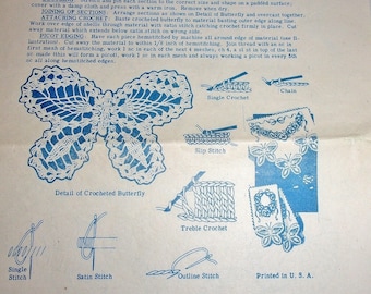 Vintage 1950's Mail Order Pattern 7296 Embroidered Pansy Doily with Butterfly Lace Crochet Border Crocheted and Embroidered Chair Set Uncut