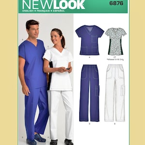 May include: A New Look sewing pattern, number 6876, featuring scrubs. The image shows a man and woman wearing blue and white scrubs, along with illustrations of the tops and pants. The text "NEW LOOK" is at the top.
