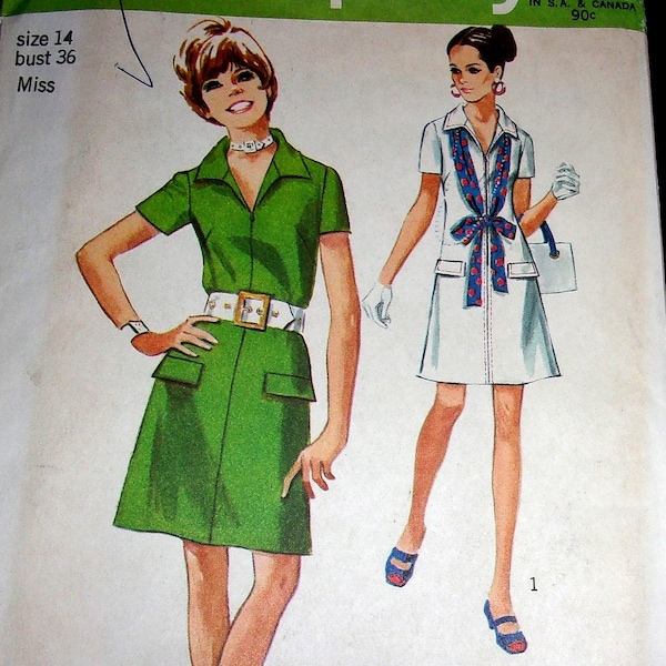 Vintage 1970's Simplicity Jiffy Sewing Pattern 8874 Mod A-line Zip Front Short Sleeve Shift Dress Misses Women's Size 14 Bust 36 Uncut FF