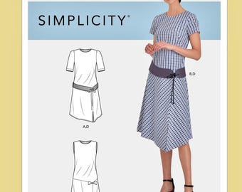 Simplicity Sewing Pattern S9100 Drop Waist Dress Sleeve Variations Hemline Options Tie Belt Misses Women's Size 10-18 Bust 32-40 Uncut FF