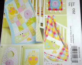 McCall's Sweet Chic Sewing Pattern M6339 Baby Bib Lion Tag Toy Applique Animal Quilt Giraffe Nursery Picture Infant's Nursery Decor Uncut FF