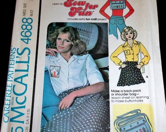 Vintage 1970's McCall's Learn to Sew Sewing Pattern 4688 Button Down Shirt Blouse Backpack and Bag Misses Women's Size 16 Bust 38 Uncut FF