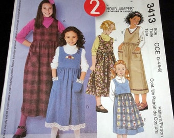 McCall's 2 Hour Sewing Pattern 3413 Girl's V-Neck or Scoop Neck Jumper Apron Prairie Dress Child's Children's Size 3-6 Chest 22-25 Uncut FF