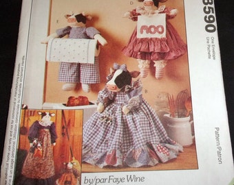 McCall's Faye Wine Sewing Pattern 8590 Country Kitchen Cows Vacuum Cleaner Toaster Cover Broom Doll Tea Towel & Paper Towel Holders Uncut FF