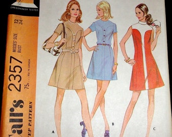 Vtg 1970's McCall's Sewing Pattern 2357 Mod A-Line Dress with Contrast Band Short Sleeves or Sleeveless Misses Women's Size Bust 34 Uncut FF