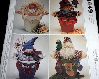 McCall's Michelle Hains Sewing Pattern 9449 Flower Pot People Decorative Scarecrow Santa Claus Snowman Angel Seasonal Holiday Dolls Uncut FF