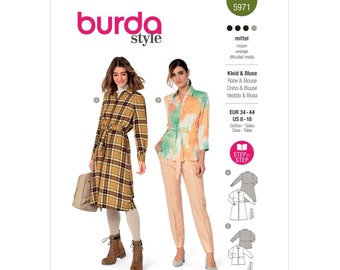 Burda Style Sewing Pattern 5971 Shirt Dress Button Down Blouse Top with Waist Tie Misses Women's Size US 8-18 EU 34-44 Bust 30-39 Uncut FF