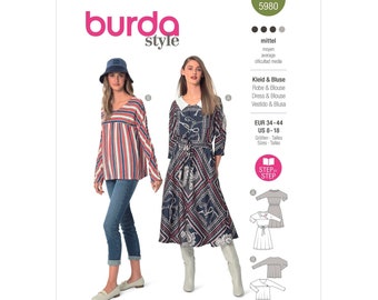 Burda Style Sewing Pattern 5980 Dress Tunic Blouse Top Kimono Sleeves Lapped Bodice Misses Women's Size US 8-18 EU 34-44 Bust 30-39 Uncut FF