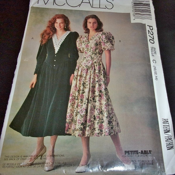 McCall's Sewing Pattern P270/470 Fit Flare V-Neck Dress with Puffed or Bishop Sleeves Misses Women's & Petite Size 10-14 Bust 32-36 Uncut FF