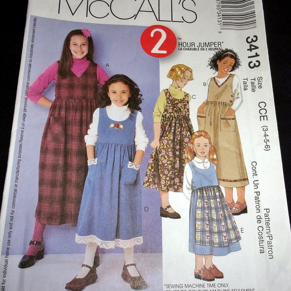 McCall's 2 Hour Sewing Pattern 3413 Girl's V-Neck or Scoop Neck Jumper Apron Prairie Dress Child's Children's Size 3-6 Chest 22-25 Uncut FF