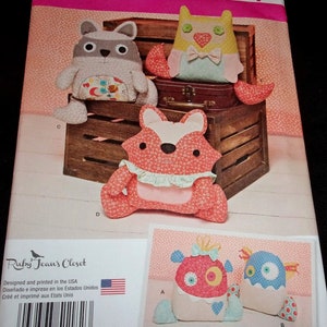 Simplicity Ruby Jean's Closet Sewing Pattern 1182 Stuffed Animals Raccoon Fox Owl Cute Monster Soft Toys Cloth Dolls Stuffies Uncut FF