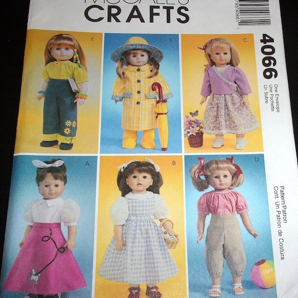 McCall's Sewing Pattern 4066 18" Doll Retro Clothes Outfits Poodle Skirt Dress Raincoat Hat Boots Clothing Fits American Girl Gotz Uncut FF