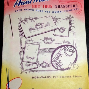 Vtg 1950s Aunt Martha's Hot Iron Transfer Pattern 3638 Flowers Bow Designs Border Motifs for Towels Linens Embroidery or Textile Paint Uncut