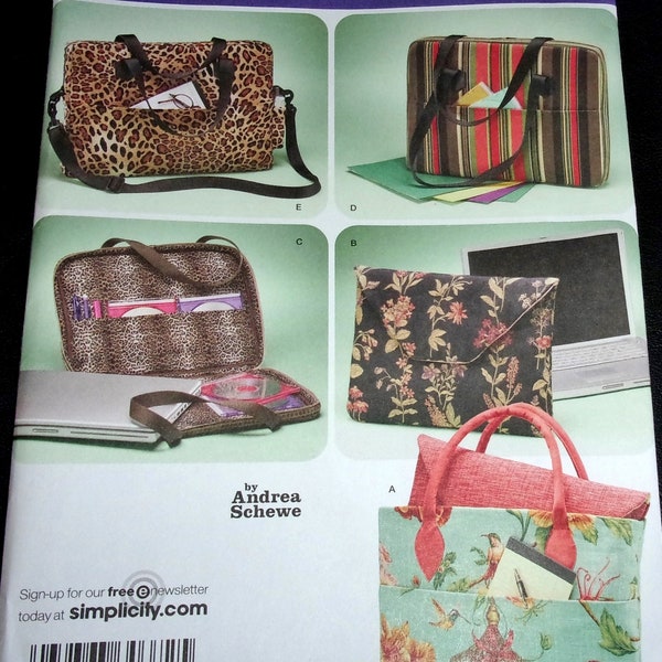 Simplicity Andrea Schewe Sewing Pattern 3889 Computer Cover Laptop Sleeve Carrying Tote Satchel Bag with Pockets Handles Straps Uncut FF
