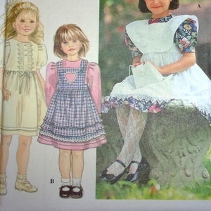 Simplicity Sewing Pattern 9784 Girls Puff Sleeve Empire Dress Pinafore Apron with Heart Applique Children's Size 2-4 Chest 21-23 Uncut FF