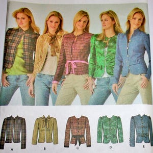 May include: Simplicity sewing pattern 4489 featuring jacket designs. The pattern includes options for jackets in various styles, including a plaid jacket, a jacket with a bow, and a jacket with a belt. The pattern is for sizes H5 6,8,10,12,14.