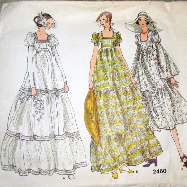Vintage 1970s Sewing Pattern Vogue Bridal Design 2460, Boho Wedding Gown, Fitted Tiered Bridesmaid Dress Size 12 Bust 34 Partly Cut Complete