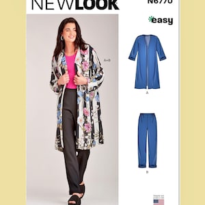 May include: A woman wearing a floral and striped duster coat, pink top, and black pants. The image also shows a blue duster coat and pants pattern. The text "NEW LOOK" and "N6770" are visible.
