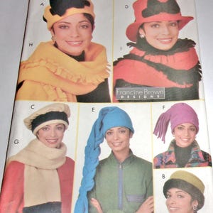 May include: Butterick sewing pattern 4756 featuring Francine Brown Designs. The envelope displays various hat and scarf combinations in yellow, red, blue, beige, and purple fleece, including a braided blue hat and hats with black bows.
