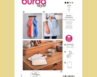 Burda Style Sewing Pattern 5994 Kitchen Accessories Waist Apron with Ribbon Ties & Pockets Potholder and Towel with Hanging Loops Uncut FF