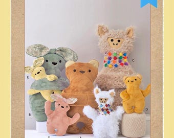 May include: A collection of plush animal patterns from Kwik Sew. The image features a variety of stuffed animals, including bears, bunnies, and a llama, in various colors and sizes. The words "PLUSH ANIMALS" are displayed at the bottom.