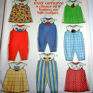 May include: A pattern sheet featuring illustrations of baby bibs and overalls. The designs include various patterns and embellishments, such as floral prints, stripes, and animal appliqués. The text "EASY OPTIONS" is visible.