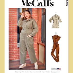 May include: McCall's sewing pattern M8243 featuring a woman wearing a green jumpsuit. The pattern includes multiple view options. The image also shows illustrations of a short-sleeved brown jumpsuit and a long-sleeved tan jumpsuit.