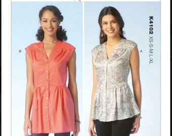 Kwik Sew Sewing Pattern K4102 Sleeveless Button Front Tunic Top with Peplum and Belt Misses Women's Separates Size XS-XL Bust 31-45 Uncut FF