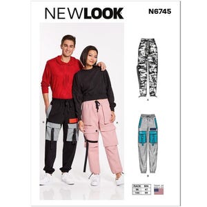 New Look Sewing Pattern N6745 Unisex Drawstring Waist Cargo Pants Pocket Variations Men&#39;s Women&#39;s Misses Size XS-XL Waist 26-44 Uncut FF