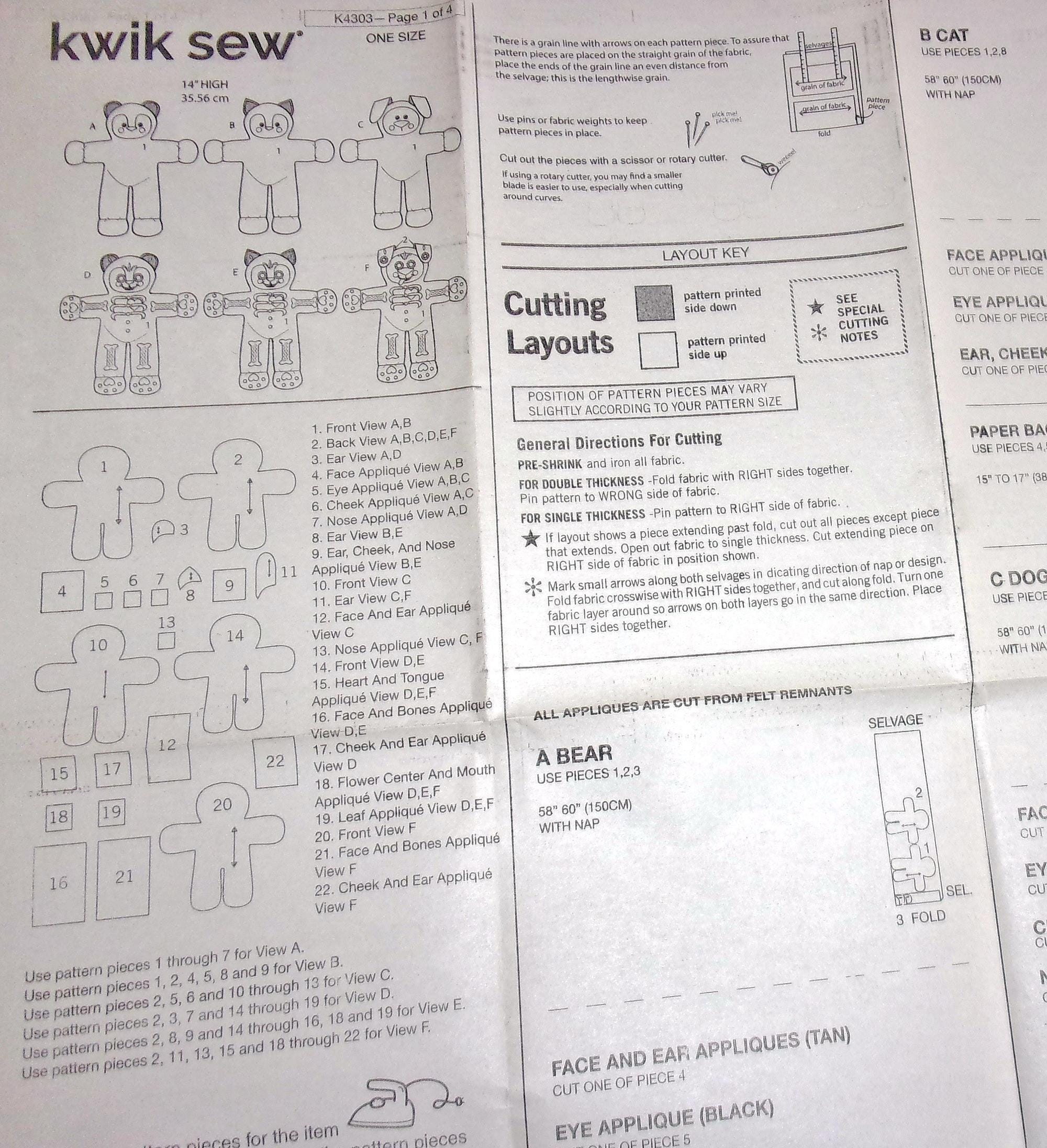Kwik Sew Sewing Pattern K4303 Plush Animals 14