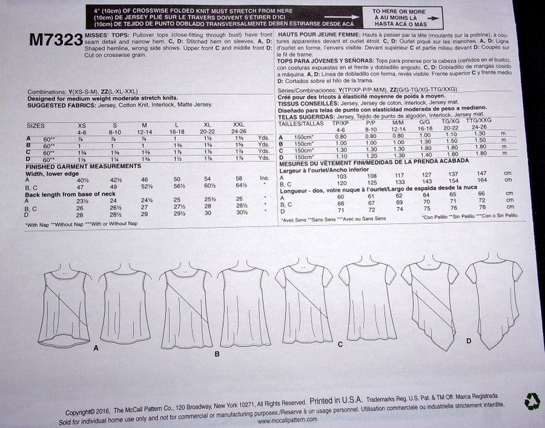 Mccall's Sewing Pattern M7323 Pullover Knit Tunic Top Sleeve Options
