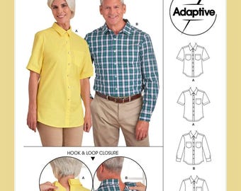 Simplicity Adaptive Sewing Pattern S9487 Unisex Shirt Long Short Sleeves Back Tape Closure Men's Misses Women's Chest/Bust 30-48 Uncut FF