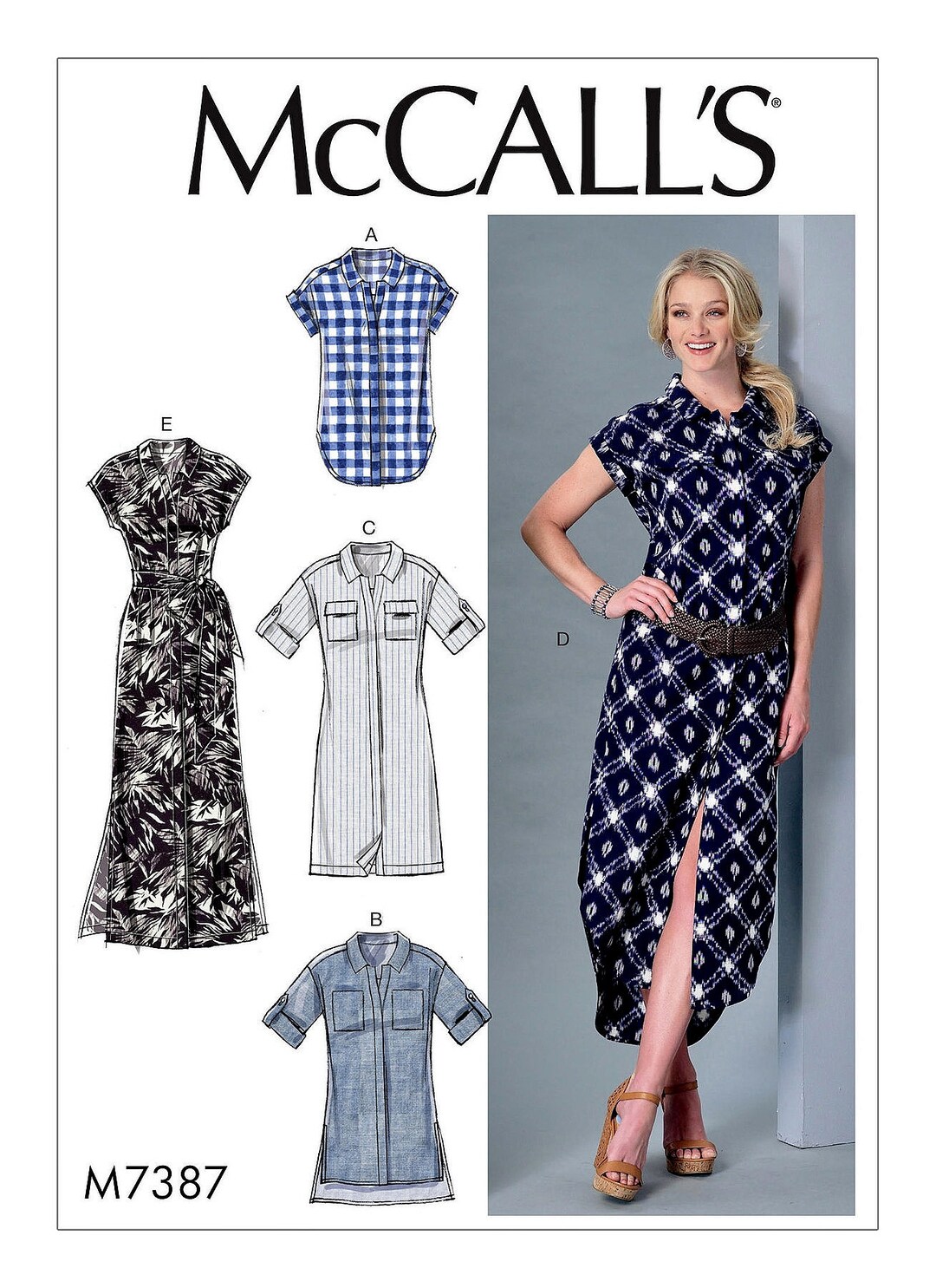 Mccall's Sewing Pattern M7387 Midi Maxi Shirt Dress With Belt and