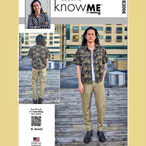 May include: A sewing pattern package featuring a man wearing a short-sleeved button-down shirt with a floral pattern and khaki pants. The package includes the text "DONNY Q knowME by mimiG" and "ME2056". The package also includes a QR code for a sew-along video tutorial.